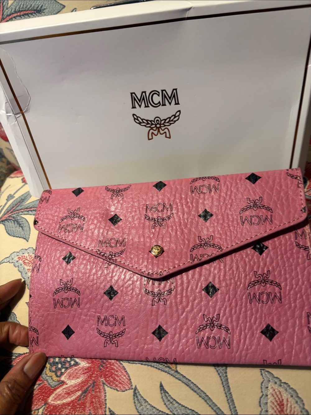 MCM Pink Logo Envelope Vegan Wristlet Clutch NIB. No call-outs